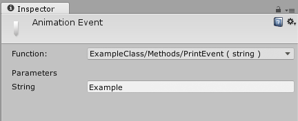 The Inspector Window with an Animation Event selected. The PrintEvent method is selected from ExampleClass.