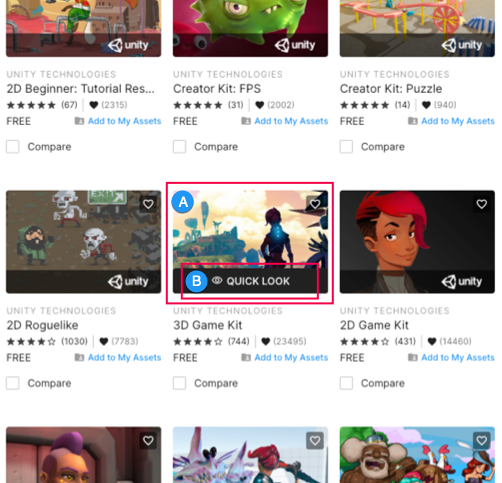 Hover over Asset Store package thumbnails (A) to display the Quick Look link (B)