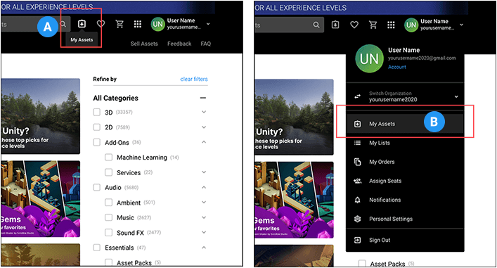Access My Assets from either the link or your profiles drop-down menu