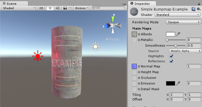 The example normal map applied to the surface of the cylinder mesh used above