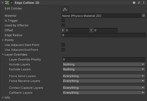 Edge Collider 2D component Inspector window properties.