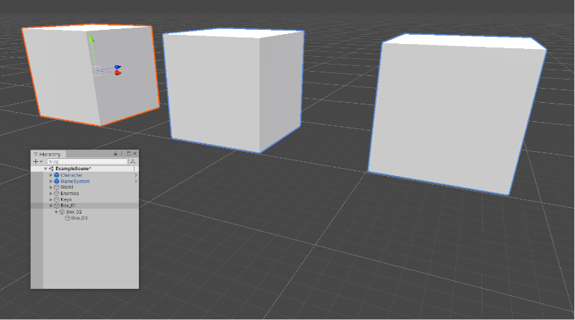 Selecting a GameObject (the far left box) outlines it in orange, and outlines its child GameObjects (the middle and right boxes) in blue.