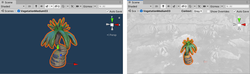 Left: editing a Prefab in isolation. Right: editing a Prefab in context.