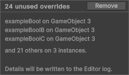 The unused overrides panel, showing 24 unused overrides on 3 separate prefab instances.