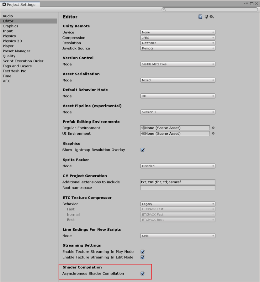 You can find the check box for Asynchronous Shader Compilation under the Project Settings &gt; Editor &gt; Shader Compilation.