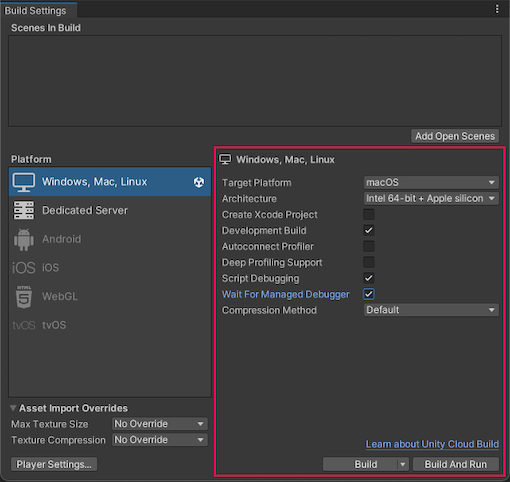 The Build Settings menu with Development Build, Script Debugging, and Wait for Managed Debugger enabled.