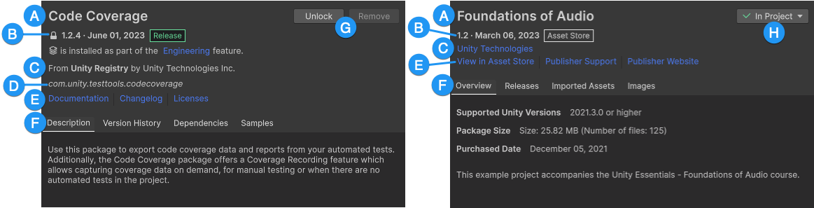 Package details for a Unity Package Manager (UPM) package (left) and an asset package (right)