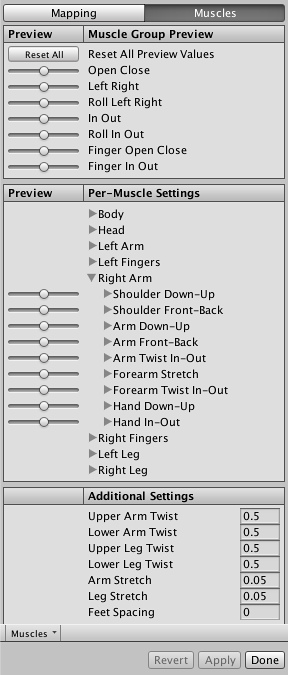 Unity - Manual: Avatar Muscle & Settings tab