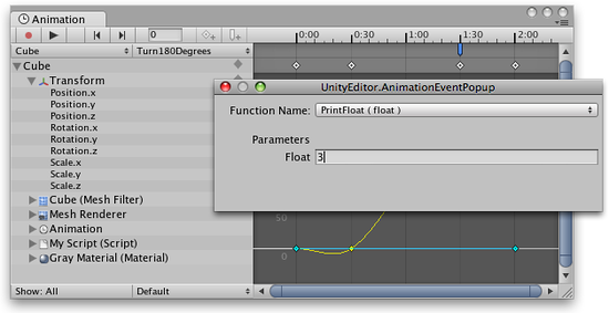 The <span class="doc-keyword">Animation Event</span> popup dialog lets you specify which function to call with which parameter value.