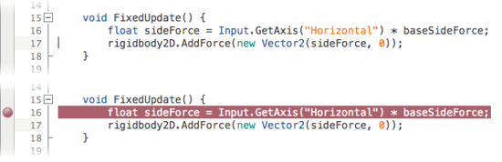 Breakpoint being added to code on line 16