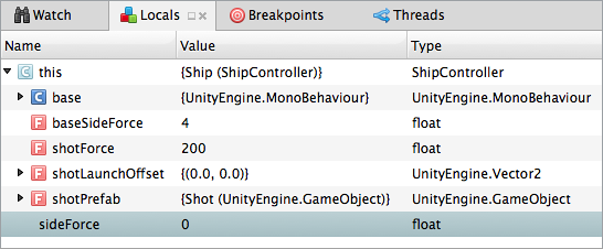 Tab showing variable values