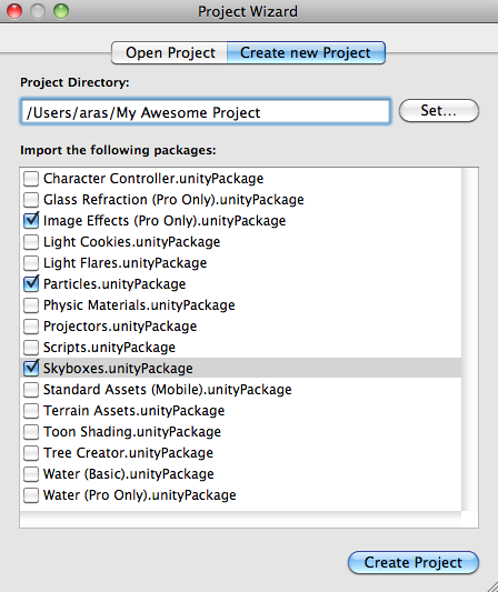 The Standard Assets packages listed when creating new project