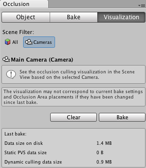Occlusion culling inspector visualization tab.