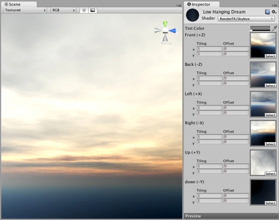 One of the default Skyboxes found under <span class="doc-menu">Standard Assets->Skyboxes</span>