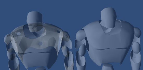 Semitransparent object; left: standard Transparent/Diffuse shader; right: shader that writes to depth buffer.