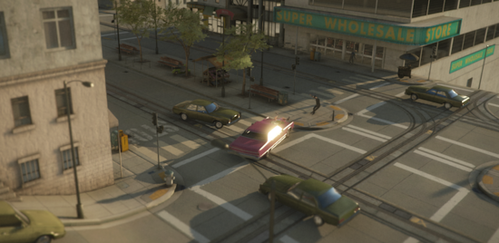 This example shows a proper HDR glow as created by the <span class="doc-keyword">Bloom</span> effect. In this scene, bloom uses a threshhold of 1.0 indicating that only HDR reflections, highlights or emissive surfaces glow, but common lighting is generally unaffected. In this particular example, only the car window (sporting the reflection of HDR sun values) glows.