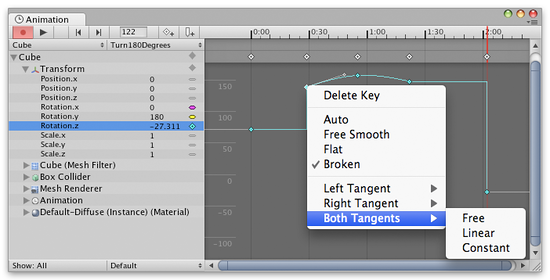 Right-click a <span class="doc-keyword">key</span> to select the tangent type for that key.