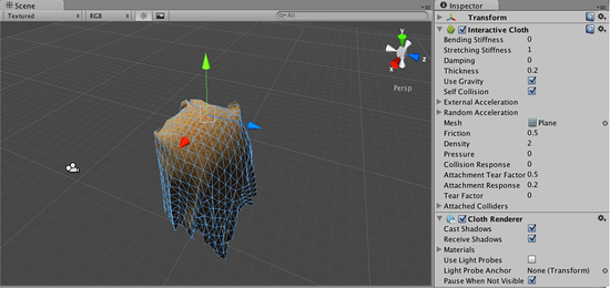 Interactive cloth in the scene view and its properties in the inspector.