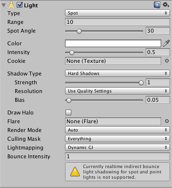 Light Component properties in the Inspector