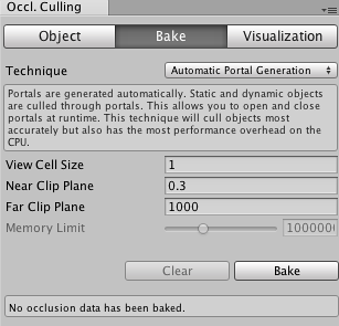 Occlusion culling inspector bake tab.