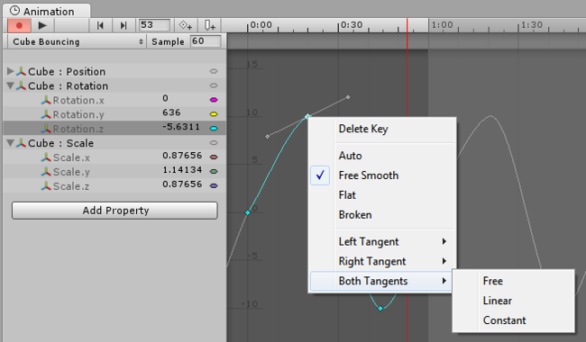 Right-click a <span class="doc-keyword">key</span> to select the tangent type for that key.