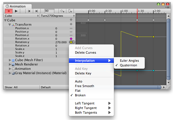 Transform rotations can use <span class="doc-prop">Euler Angles</span> interpolation or <span class="doc-prop">Quaternion</span> interpolation.