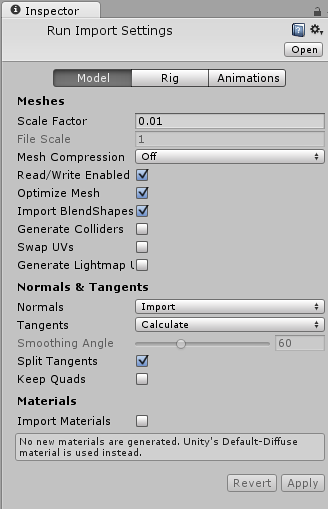 The Import Settings Dialog for a mesh