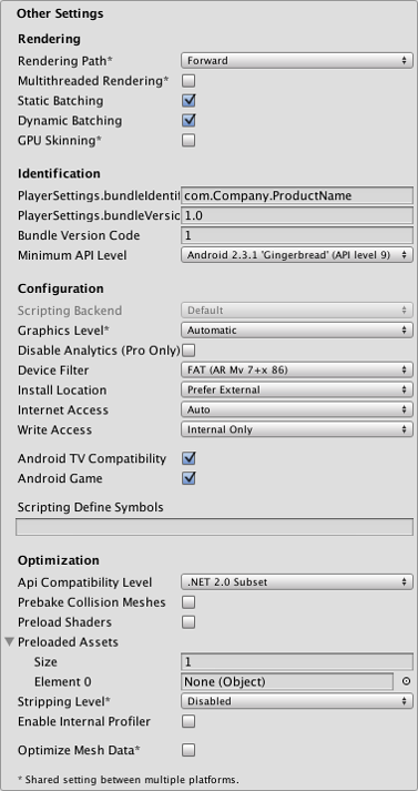 Unity - Manual: Android Player settings