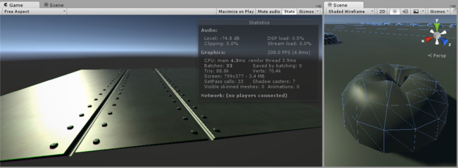 A sheet of aircraft metal with details modeled as real geometry. Dont do this! On the right you can see the polygons required to make up the detail of a single screwhead. This is not good for performance, we should use a normal map instead!