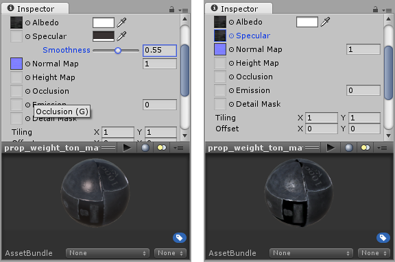 Left: No map assigned for specular, so a slider is available for Smoothness. Right: a map has been assigned for specular, so the greyscale Alpha channel values from that map will be used as the smoothness map.