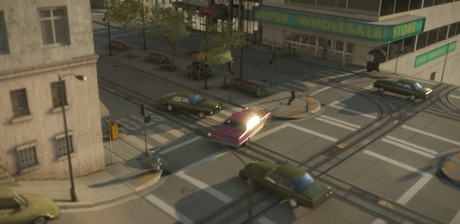 This example shows a proper HDR glow as created by the <span class="doc-keyword">Bloom</span> effect. In this scene, bloom uses a threshold of 1.0 indicating that only HDR reflections, highlights or emissive surfaces glow, but common lighting is generally unaffected. In this particular example, only the car window (sporting the reflection of HDR sun values) glows.