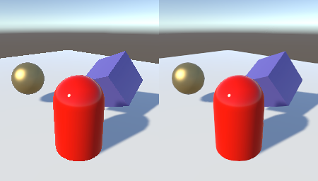 The scene on the left is rendered without antialiasing while the one on the right shows the effect of the FXAA1PresetB algorithm