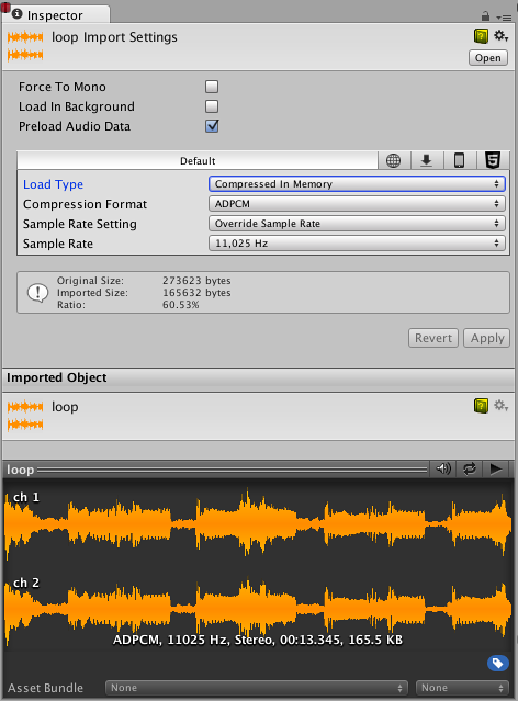 A screenshot of the Inspector software program. Text labels at the top say “loop Import Settings” and “Inspector.”
Below that are options for audio settings including “Force To Mono,” “Load In Background,” and “Preload Audio Data.”
In the center of the image is a section titled “Imported Object.” Here, details about a loaded audio file are displayed, including type, sample rate, and size.
Text at the bottom says “Revert” and “Apply.”