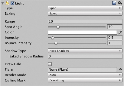 Light Component properties in the Inspector