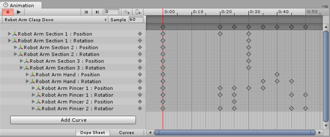 Here the Animation Window is in Dope Sheet mode, showing the keyframe positions all the animated properties within the Animation Clip