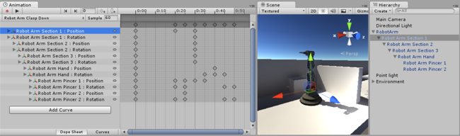 The Animation View (left) shows the animation used by the currently selected Game Object, and its child objects if they are also controlled by this animation. The scene view and hierarchy view are shown on the right, demonstrating that the animation view shows the currently selected object. 