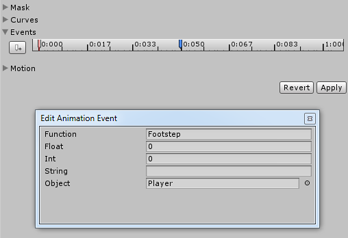 The event dialog box shown when adding or editing an event on an imported animation