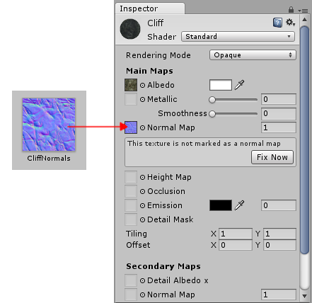 The Fix Now warning appears when trying to use a normalmap that has not been marked as such in the inspector.