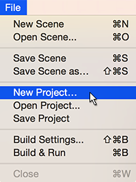 File>New Project - Displays the Home Screens Create Project view from within the Unity editor