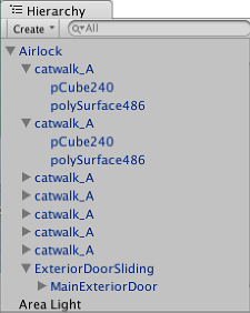 Example of a Parent-Child hierarchy. GameObjects with foldout arrows to the left of their names are parents.