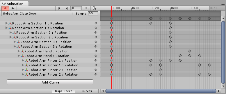 Here the Animation Window is in Dope Sheet mode, showing the keyframe positions all the animated properties within the Animation Clip