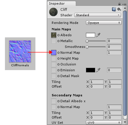 Placing a normal map texture into the correct slot in a material using the Standard Shader