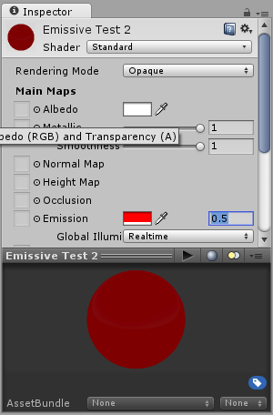 A material with a red emission colour, and an emission brightness of 0.5