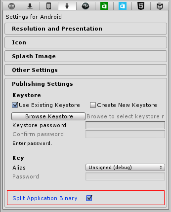 The Split Application Binary publish option for Android