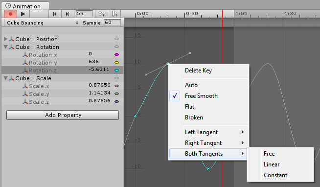 Right-click a key to select the tangent type for that key.
