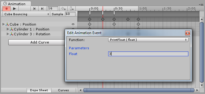 The Animation Event popup dialog lets you specify which function to call with which parameter value.