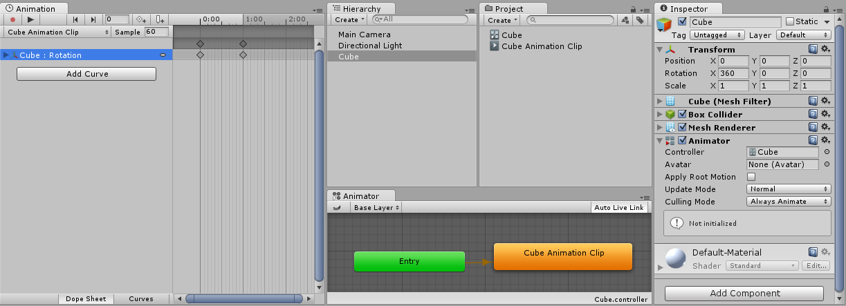 After: After creating a new clip, you can see the new assets created in the project window, and the Animator Component assigned in the Inspector window (far right). You can also see the new clip assigned as the default state in the Animator Window