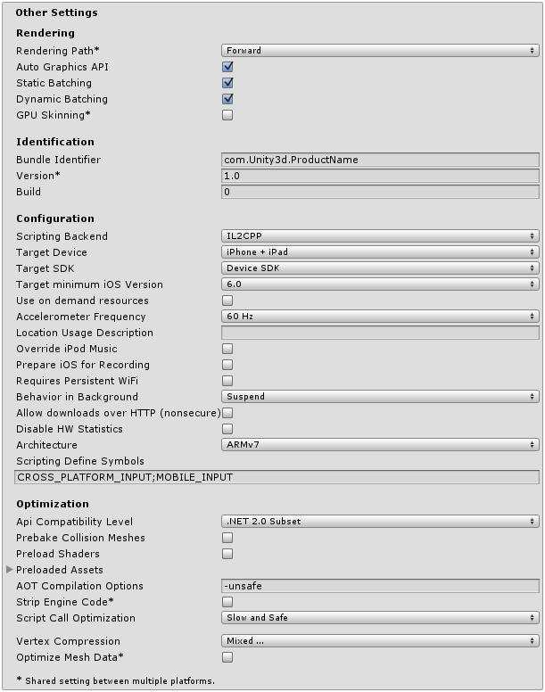 Unity - Manual: iOS Player settings