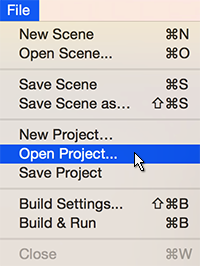 File>Open Project - Displays the Home Screens Open Project view from within the Unity editor