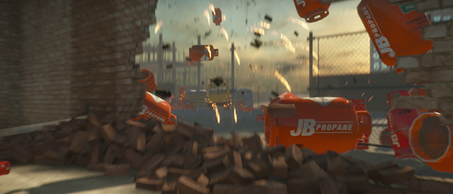 Example showing Camera Motion Blur with dynamic objects (canisters, bus) being excluded